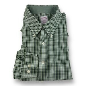 Brooks Brothers‎ 346 Green & White Plaid Long Sleeve Non-Iron Cotton Shirt Sz XL